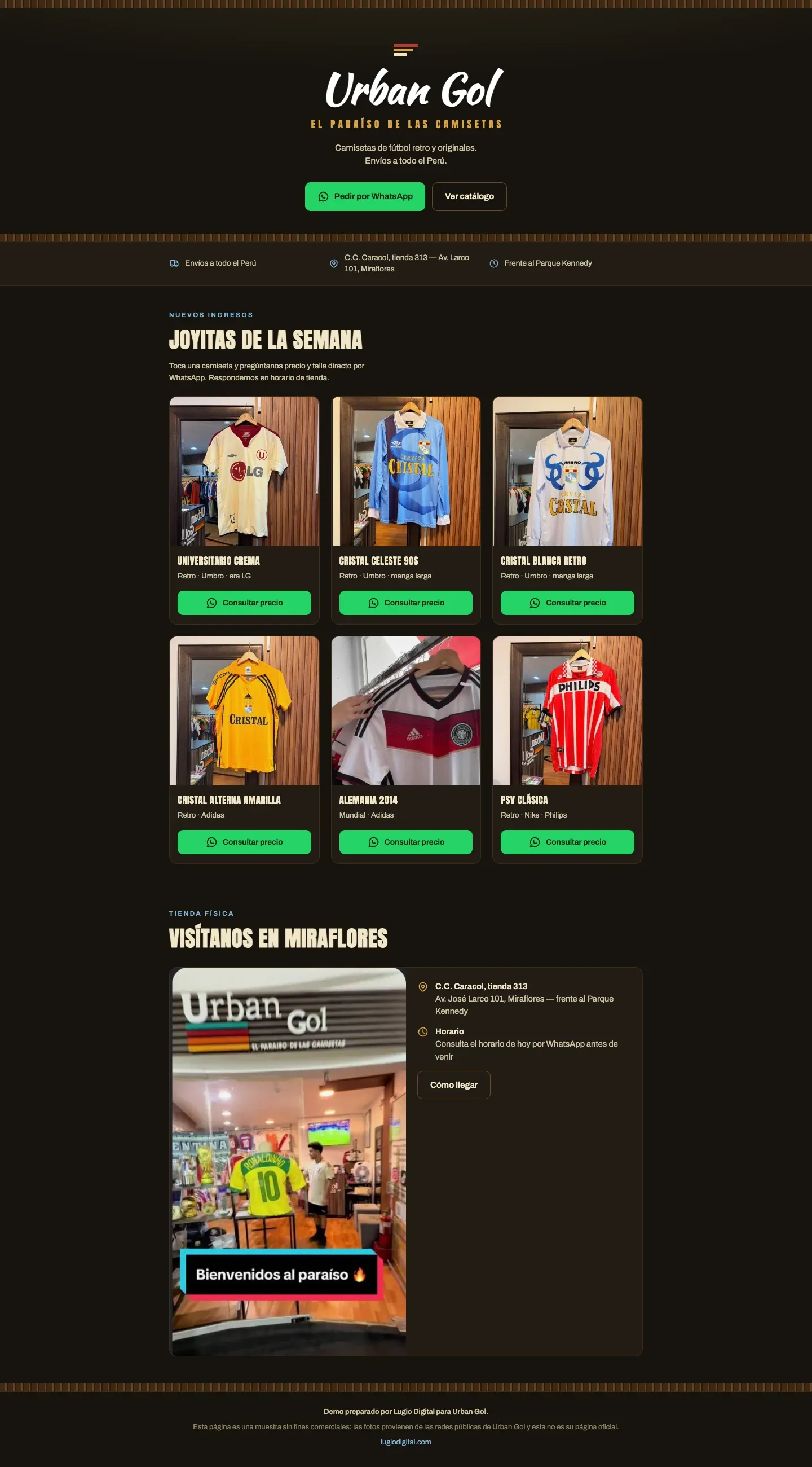 Propuesta de catálogo para Urban Gol completa: portada, camisetas de la semana con su botón de WhatsApp, la tienda en Miraflores y pie de página